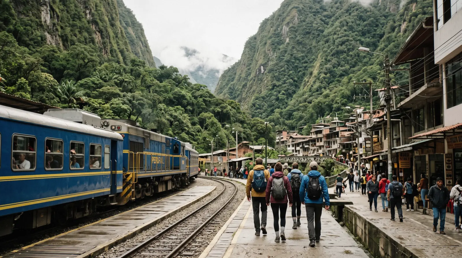 The train platform at Machu Picchu Station in Aguas Calientes, Peru, hemmed by steep green mountains