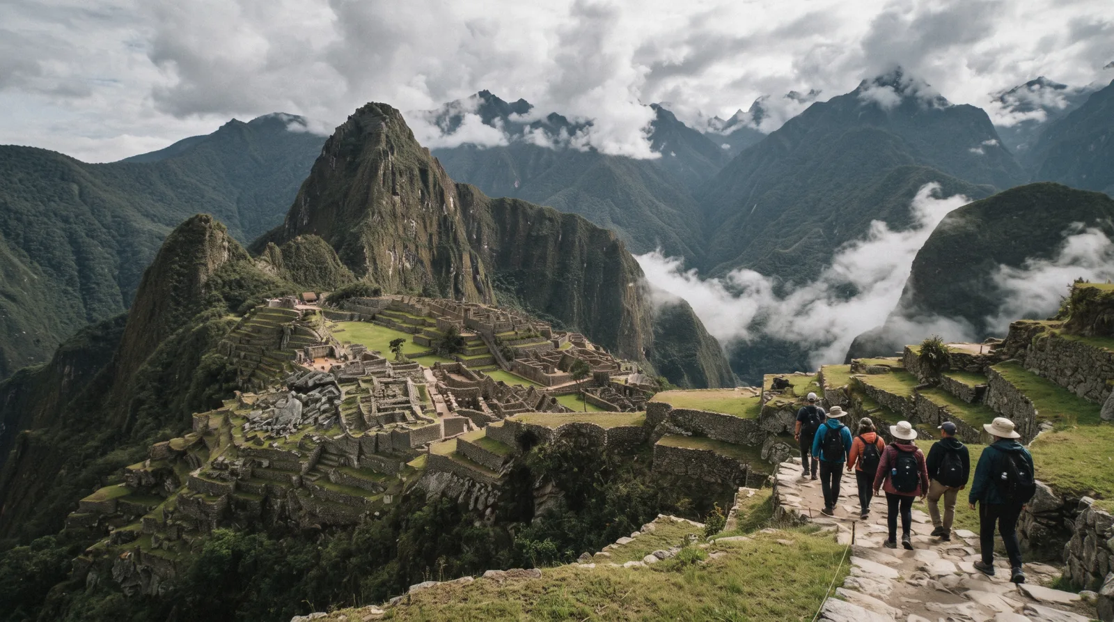 Machu Picchu terraces under cloud with Aguas Calientes in the Urubamba gorge below, Peru