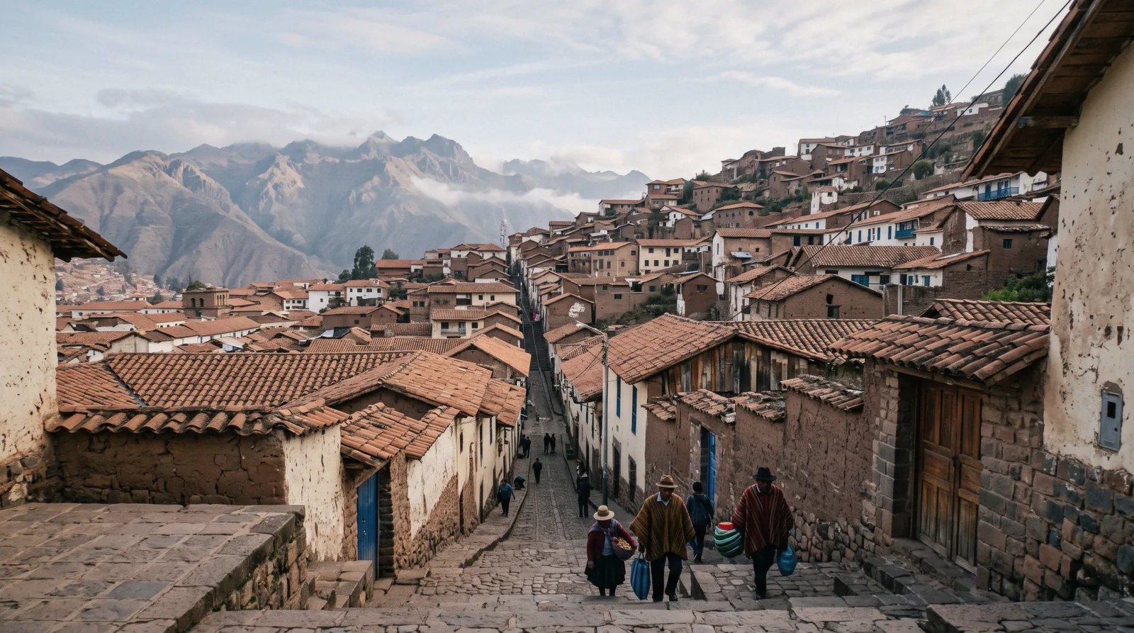 Red rooftops of Cusco, Peru under hills at 3,399 m elevation