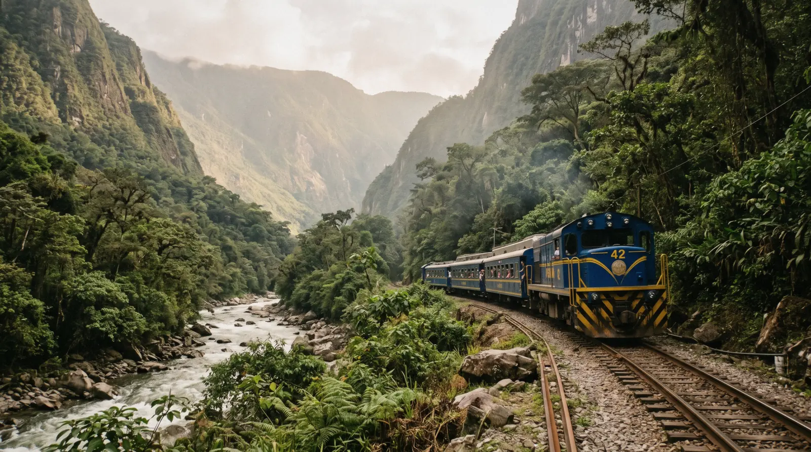 The rail line beside the Urubamba river on the walk from Hidroelectrica toward Machu Picchu Pueblo, Peru