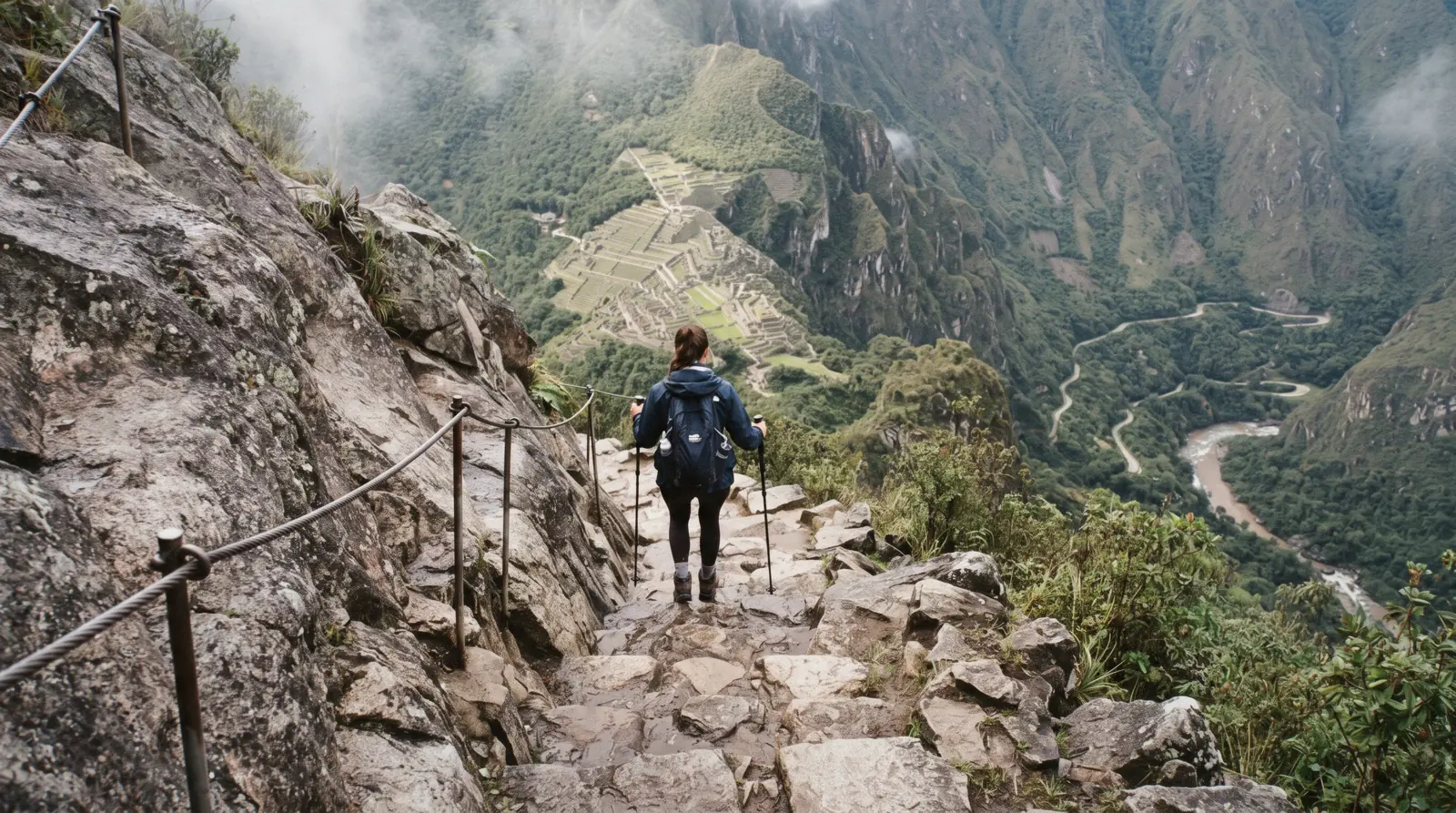 Huayna Picchu peak rising behind the Machu Picchu citadel, Aguas Calientes, Peru