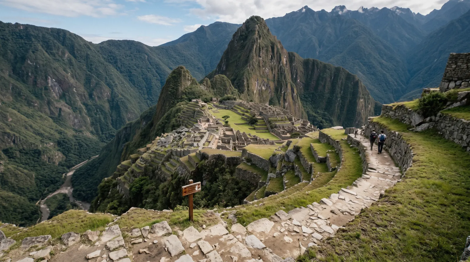 Visitors walking a marked circuit route at Machu Picchu, Aguas Calientes, Peru