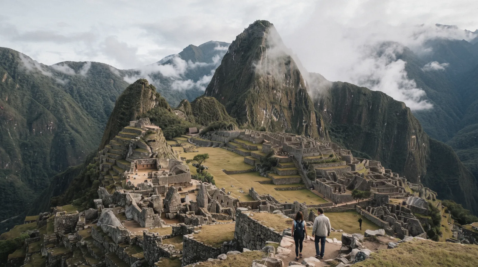 The stone terraces and buildings of Machu Picchu above Aguas Calientes, Peru