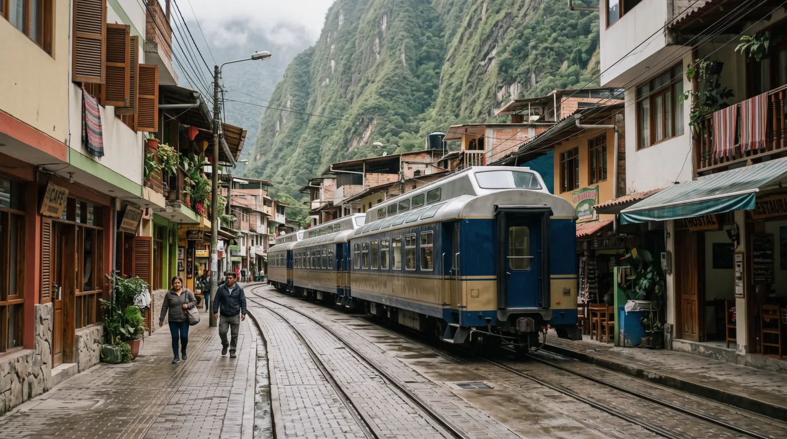 A train winding through the Urubamba valley toward Aguas Calientes on the way to Machu Picchu, Peru