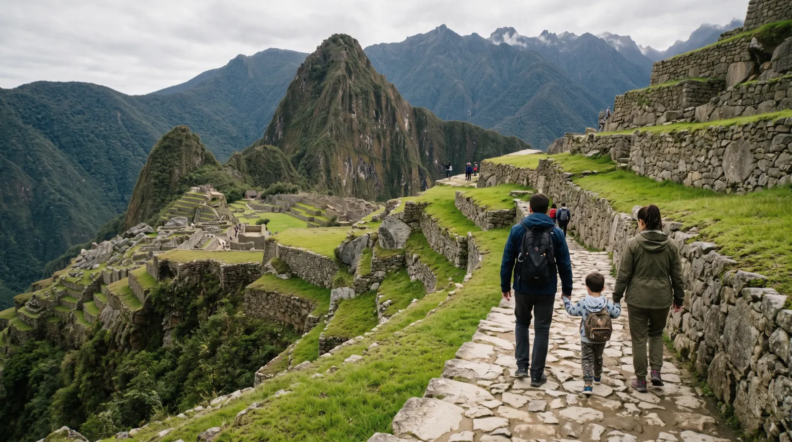 Family of travelers with children looking out over the terraces of Machu Picchu, Peru