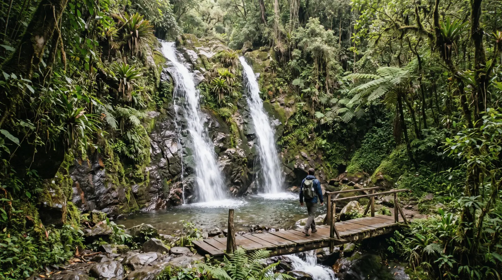The Mandor waterfall dropping through cloud forest above the sanctuary gardens near Aguas Calientes