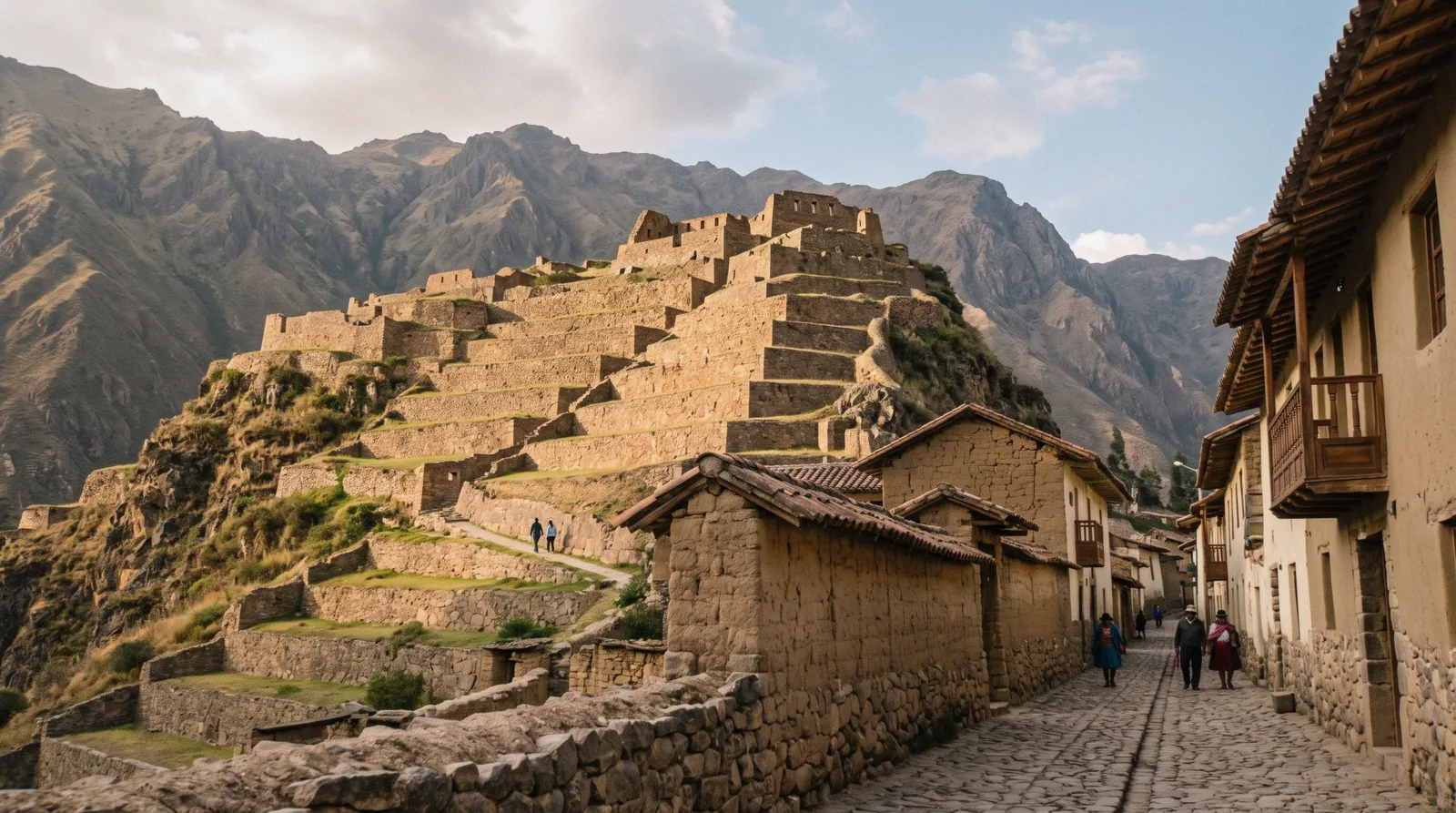 Agricultural terraces and the ruins of Temple Hill above the town of Ollantaytambo, Peru