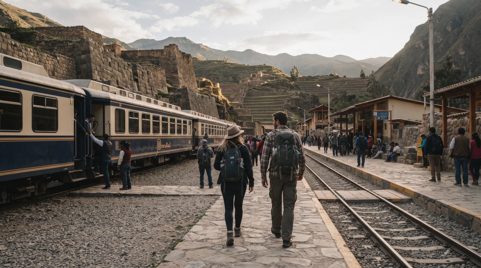 A PeruRail train at Ollantaytambo station on the route to Aguas Calientes, Peru
