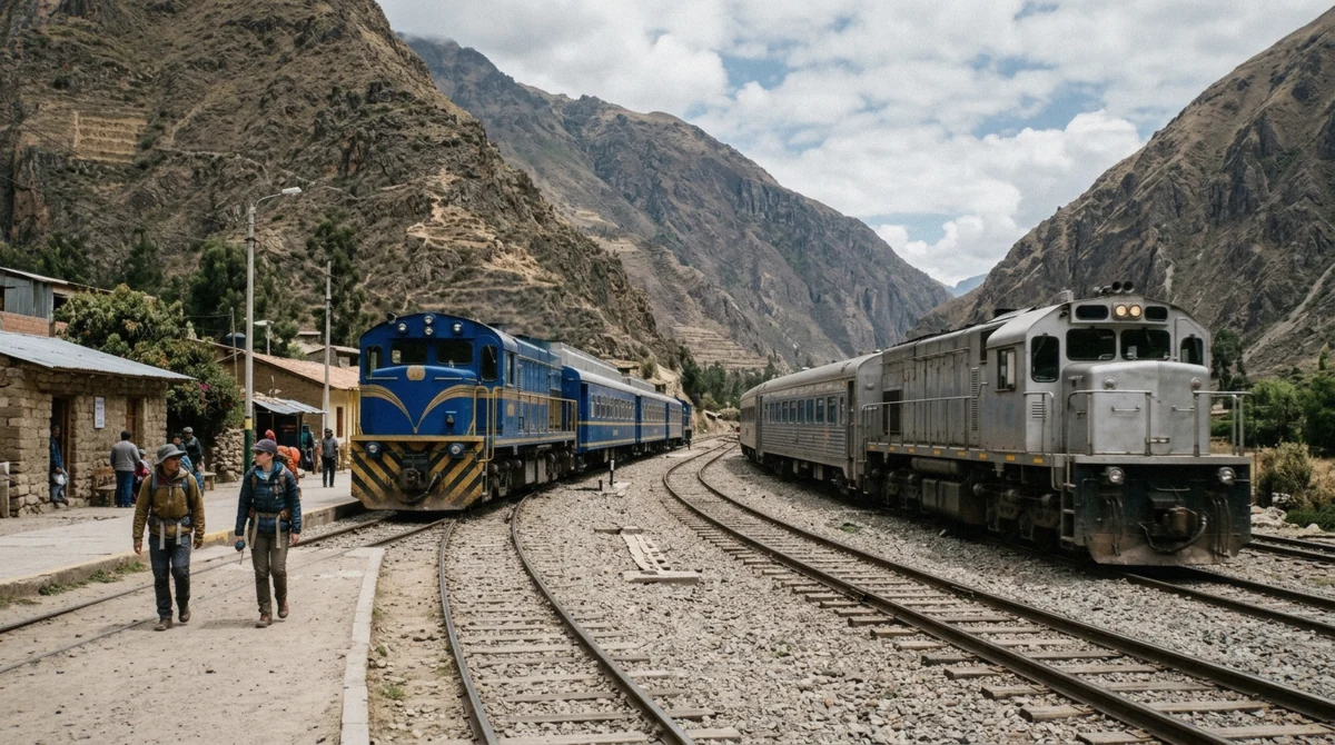 A train running through the Urubamba valley toward Machu Picchu, Peru