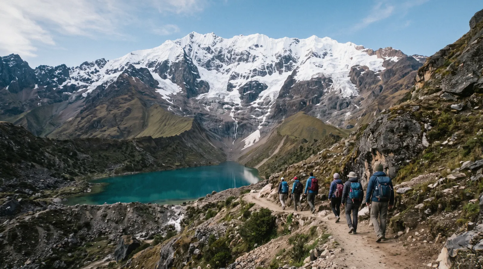 Trekkers walking beside a turquoise glacial lake below the snow-capped Salkantay peak, Peru