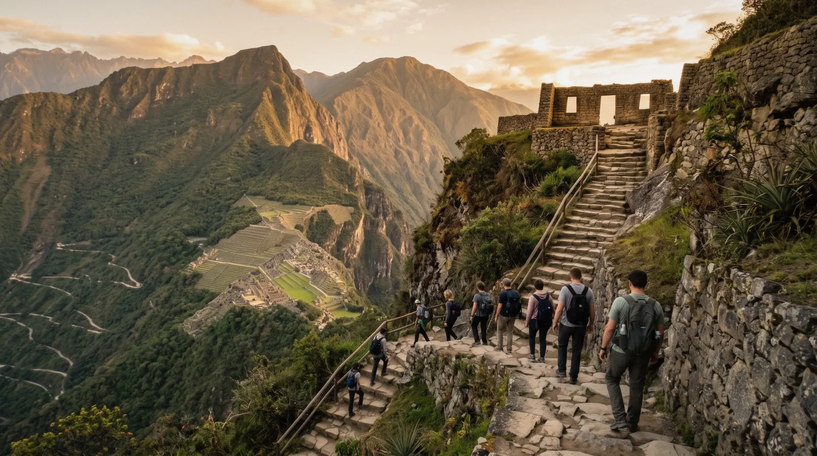 Hikers descending stone steps toward the Sun Gate above Machu Picchu, Peru, on the short Inca Trail