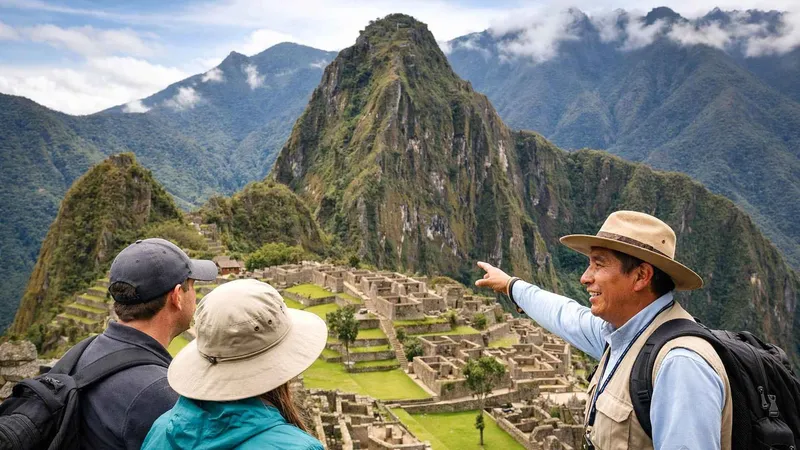 Private guide and travelers on Circuit 2 at Machu Picchu, Aguas Calientes, Peru