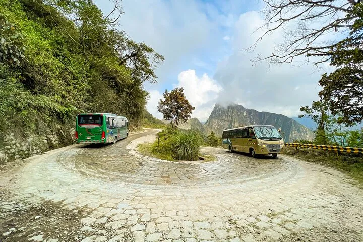 Tourist bus waiting at Aguas Calientes town for the Machu Picchu round trip, Peru