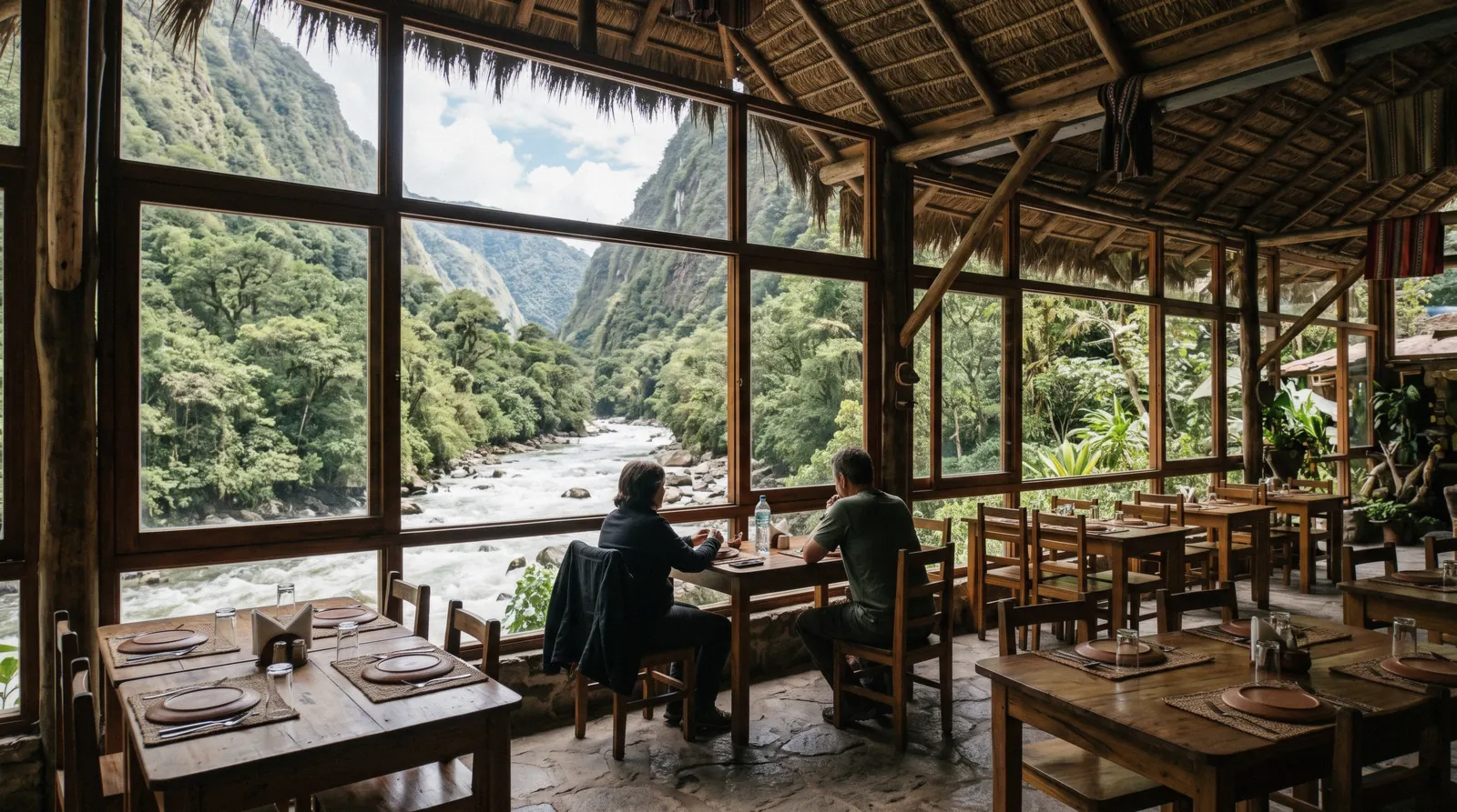 Palm-thatched roof of Cafe Inkaterra by the Vilcanota River in Aguas Calientes, Peru